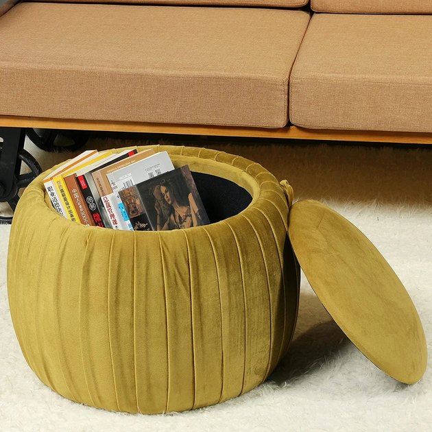 This round storage pouf is ideal for stashing cozy blankets, spare books, or anything you may want to keep within close reach. It also functions as extra seating.