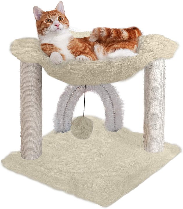 Complete with scratching posts, a hammock, cat toy, and self-grooming archway, this small cat tree is ideal for small homes.