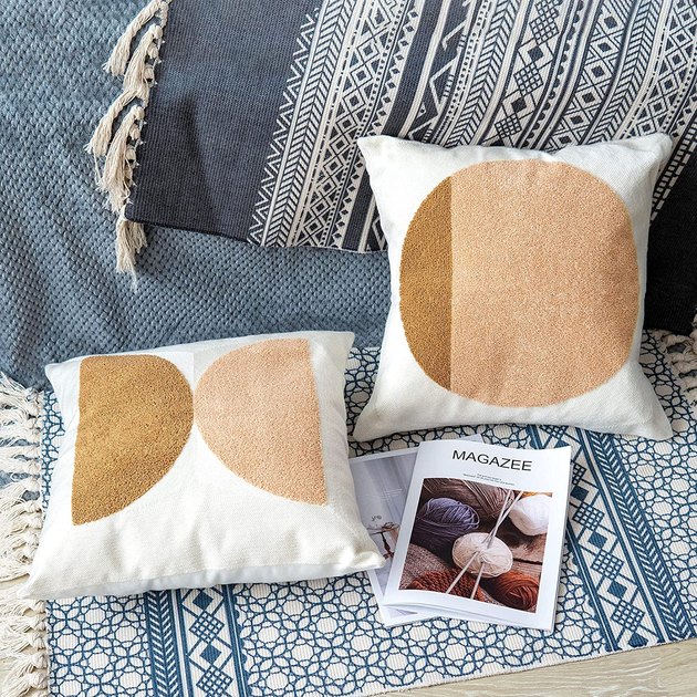 These pillow covers are contemporary and playful, and fit perfectly in living rooms, bedrooms, and formal sitting areas alike. There are four slightly different varieties of this modern pillow design, all of which are crafted in very on-trend, warm colors.