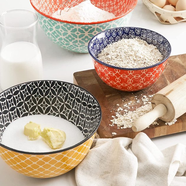 Both practical and beautiful — these bowls are good for mixing while cooking or as a colorful serving bowl on your table. Plus, they stack easily, making them a space-saver in the kitchen.