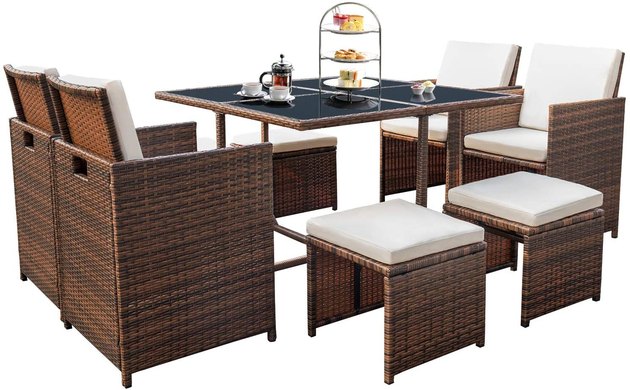 Great for lawns, balconies, backyards, and decks, this nine-piece patio set is great for lounging or outdoor entertaining. And the best part? The chairs and ottomans can be folded and tucked away under the table so you can save on space.