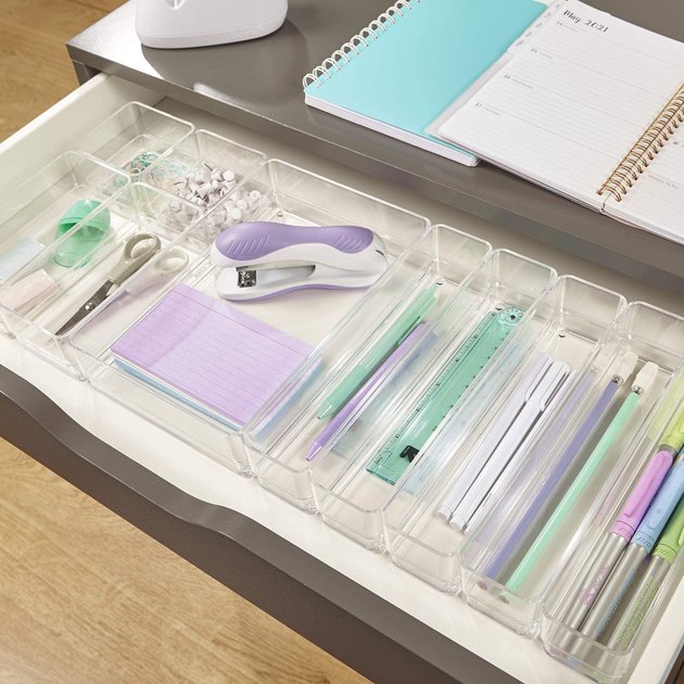 Have all your supplies in clear view with this ten-piece desk drawer organizer set. And if you have limited space, you can easily stack them.