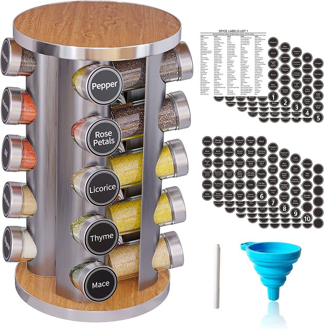 This compact spice rack is easily a favorite on the list. It holds 20 coordinating jars with included labels so you'll always spot what you're looking for  right away. Plus, the price simply can't be beat.