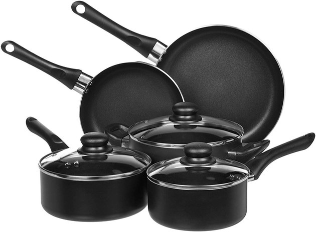 Perfect for first apartments, college students, and beginner home chefs, this Amazon Basics set has a lot to offer. With eight pieces made with aluminum and nonstick coating, soft touch handles, and spiral bottoms for even heat distribution, you get all the essentials needed to cook your meals. However, this set is hand wash only.