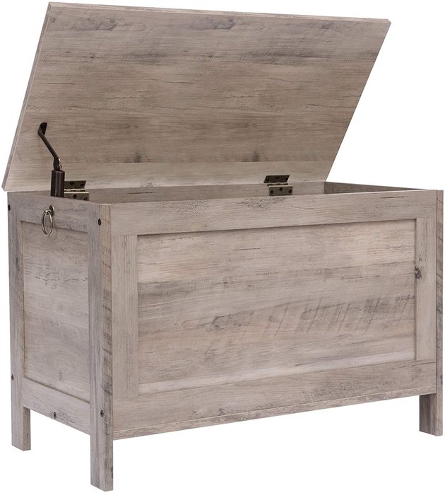 Coordinate this stunning industrial toy box with your rustic home. It features safety hinges to ensure the lid never shuts suddenly. Plus, it can totally double as an entryway shoe bench or bedside storage chest.