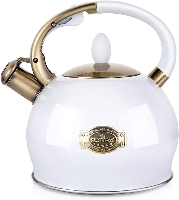This large-capacity tea kettle has a simple design with curved handle and push-button technology that helps you pour hot water with ease.