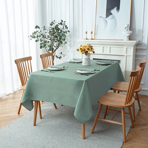 This tablecloth may be polyester, but you’d never know that from far away. It features a geometric jacquard design and is totally water-resistant.