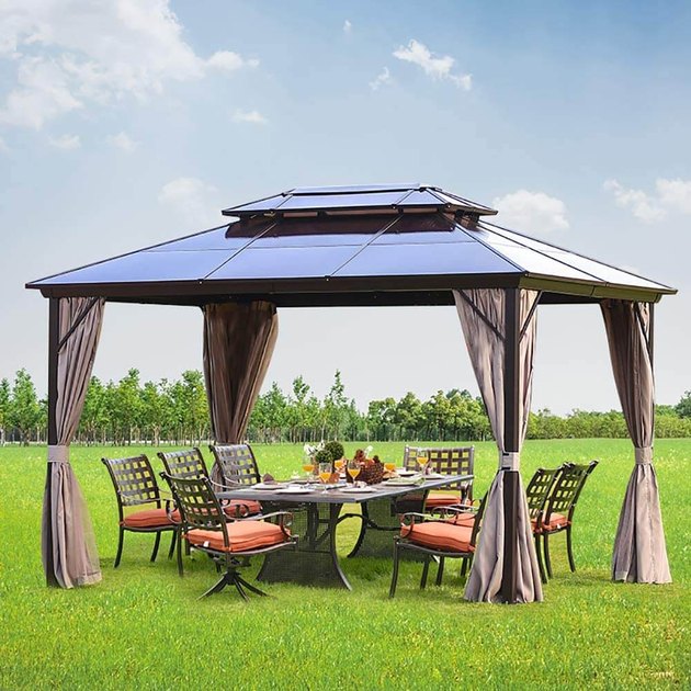 【PERMANNET POLYCARBONATE TOP】-Double hardtop gazebo has three layer protection-allows sunlight to filter though and reduce the heat,anti UV-block 99% harmful rays UV,FADE RESISTANT-all-weather use