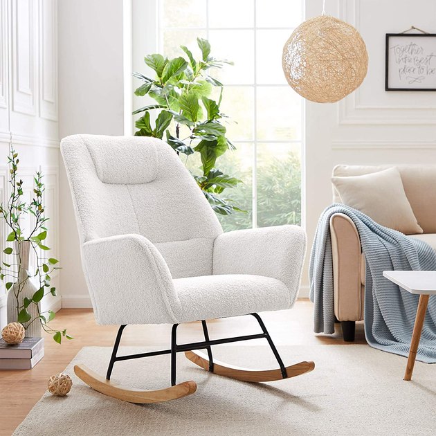 This gorgeous rocking chair combines style and comfort to serve as a great accent anywhere from your nursery to your living room. 