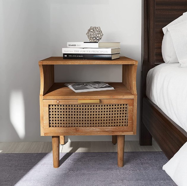 This stunner is an easy choice for modern farmhouse-inspired homes. The beautiful woven front and lightly distressed wood combine to create a piece that truly appears vintage. Plus, the nightstand arrives nearly assembled — just pop on the legs and it's good to go. 