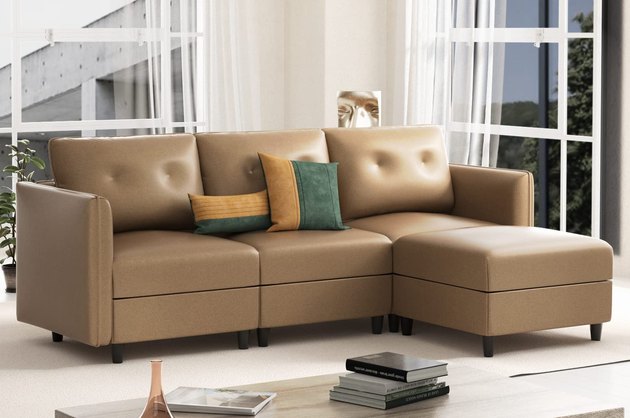 We are very much here for a modular sofa moment and this faux leather option is a favorite. While this cognac upholstery is a classic pick, the couch is also offered in a dark gray as well as two shades of blue: navy and aqua.