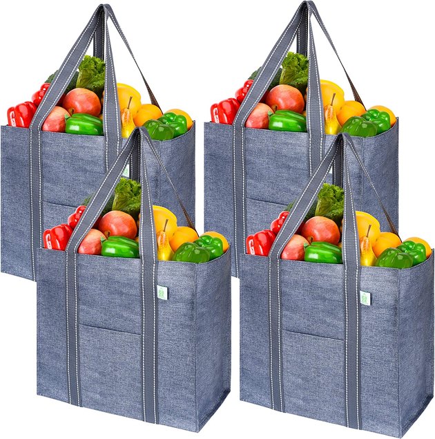 These hard-bottom bags are ideal for a big trip to the grocery. Crafted from thick and durable material, the large totes can easily carry 45 pounds of weight. Plus, the bonus outside pocket is the perfect spot to hold your phone and keys as you shop.