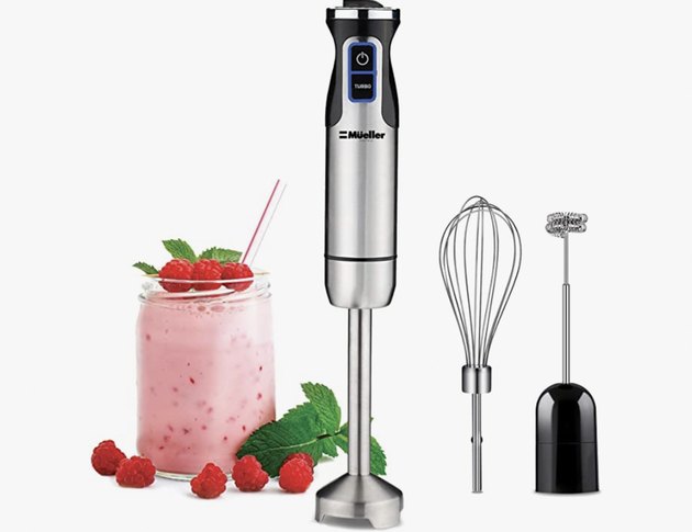 A handheld immersion blender that also comes with a whisk and frother attachment.