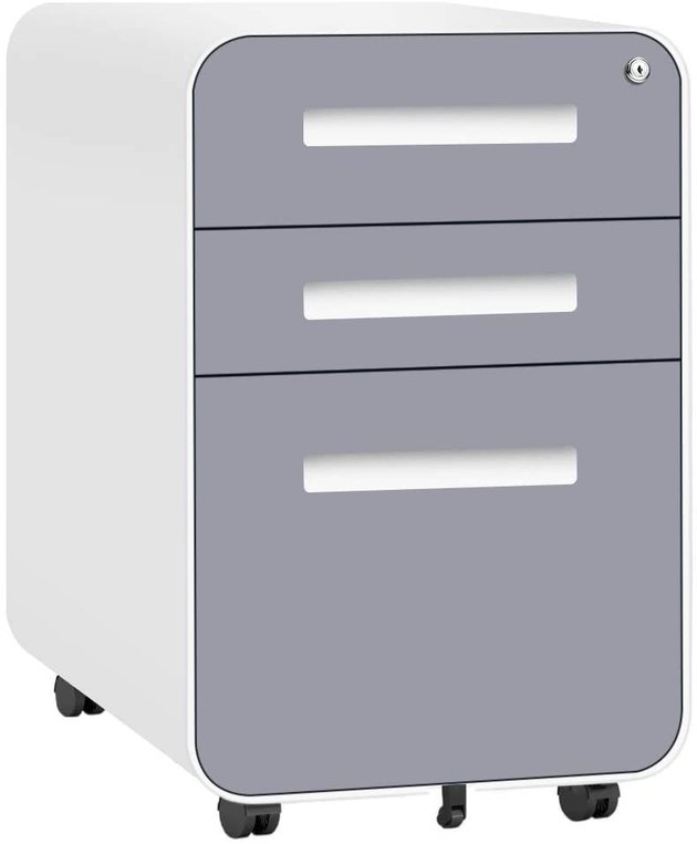 This 3 drawer filing cabinet fits perfectly under your desk, leaving room for other things. This under-desk cabinet comes with a built-in lock that safely secures all your items.