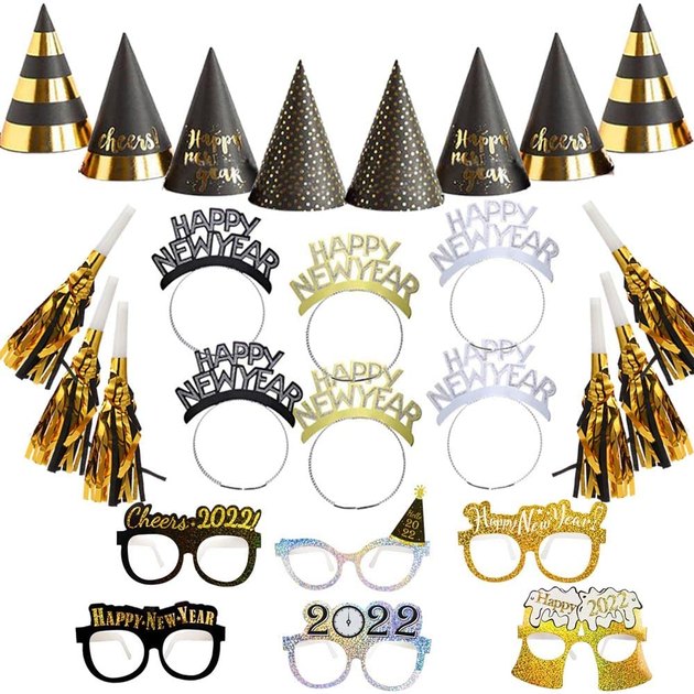 If you're looking for the whole shebang, then this party kit it certainly for you. It features eight cone hats, six flashing headbands, six tassel noise generators, six New Years glasses, and rings in at such an affordable price. It's time to get celebratory!