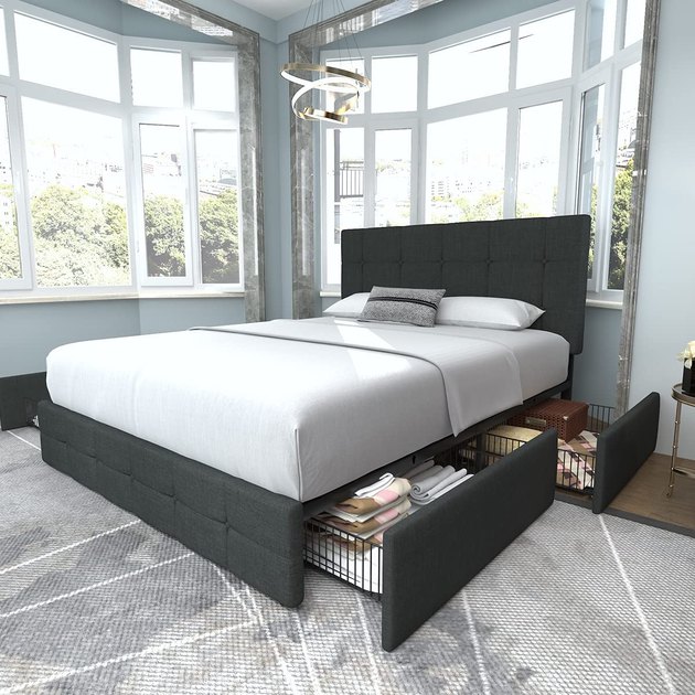 Combining sneaky storage with sophisticated style, this bed frame is a stellar addition to any space, particularly rooms that are short on square footage. 