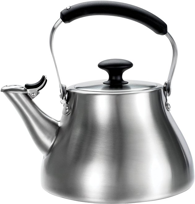 If you need a simple, yet classic tea kettle design, opt for the OXO BREW Classic Tea Kettle. Made with rust resistant stainless steel, it has a loud whistle, soft-angled handle, and one-touch spout cap for easy use.