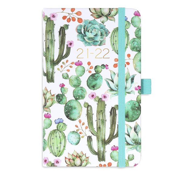 This compact planner measures approximately 3.8" × 6.3," and includes a pen holder, back pocket, and two ribbon bookmarks. Its cactus pattern is unquestionably adorable.