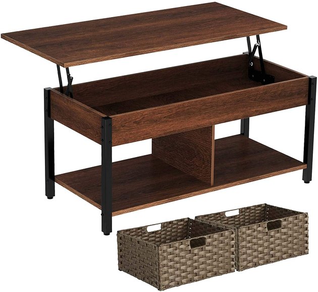 Sure, other tables offer storage, but nothing quite like this one. Between the hidden compartment beneath the tabletop and the side-by-side rattan baskets, this one truly can't be beat. The table top also pops up into a desk to avoid any unnecessary slouching.