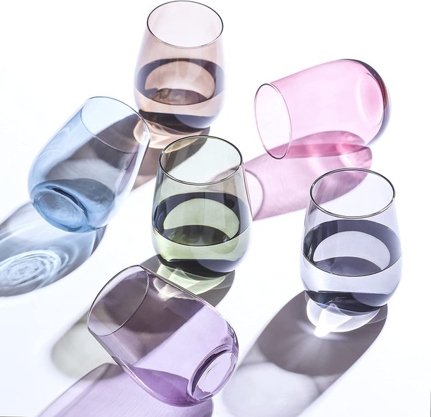 If you've been eyeing a set of multi-color glassware, this is just the item for you. Each glass is 16 ounces in size, dishwasher-safe, and colorful yet not overly bright.
