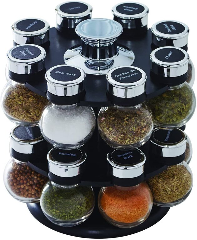 Quickly locate your spices with this revolving organizer from Kamenstein. It includes 16 glass spice jars filled with an assortment of spices. Since the spices in each purchase may vary, it'll be a fun little surprise to see what you get.