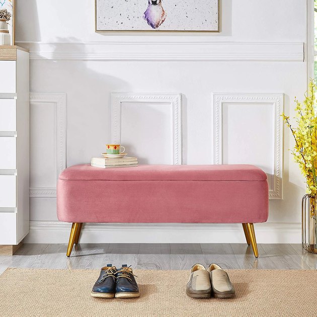 If you're looking for a storage bench that packs a chromatic punch, this is it. The form is a simple rounded rectangle, which lets the color be the standout feature.