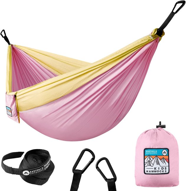A pink and yellow child-sized hammock equipped with two 9-foot long tree straps