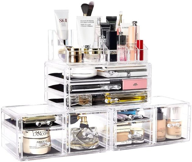 DIY your makeup organizer with this detachable and interlocking storage set. It consists of four individual parts that can be stacked, placed side by side, or a mixture of the two.