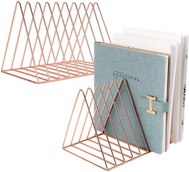 Organize your files in style with this two-piece triangle sorter. With a metallic rose gold finish, this set is sure to make any desk pop.