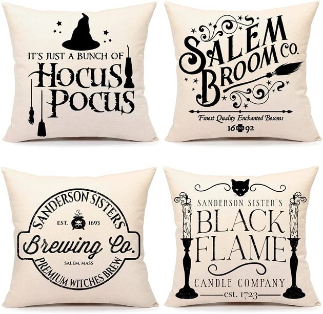 These pillow covers are perfect for Hocus Pocus fans, each with a nod to the cult-fave Halloween movie.