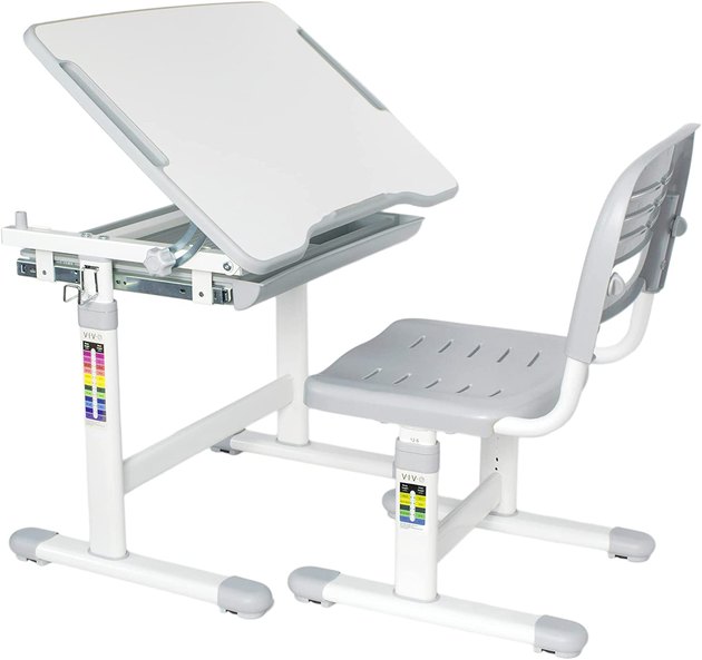This plastic and steel set is sturdy and durable. It features a large storage drawer, tilting surface, and comes with a three-year warranty. Plus, both the height of the desk and chair can be adjusted as your child grows.