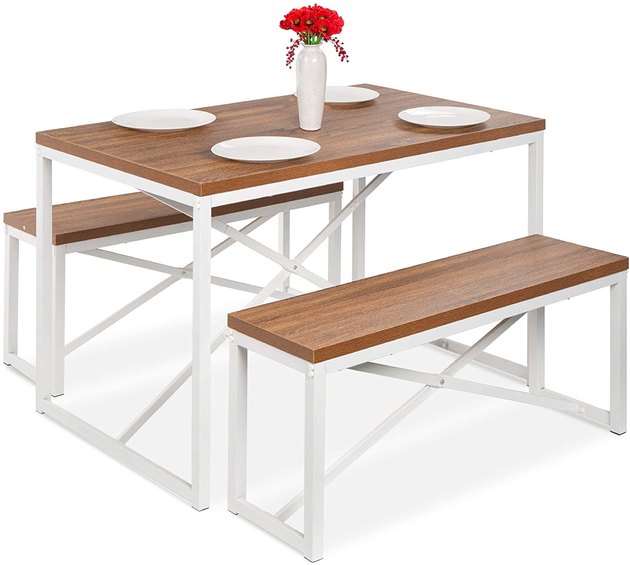 With its casual, space-saving design, this cute dining set is a great complement to a breakfast nook or casual dining area. 