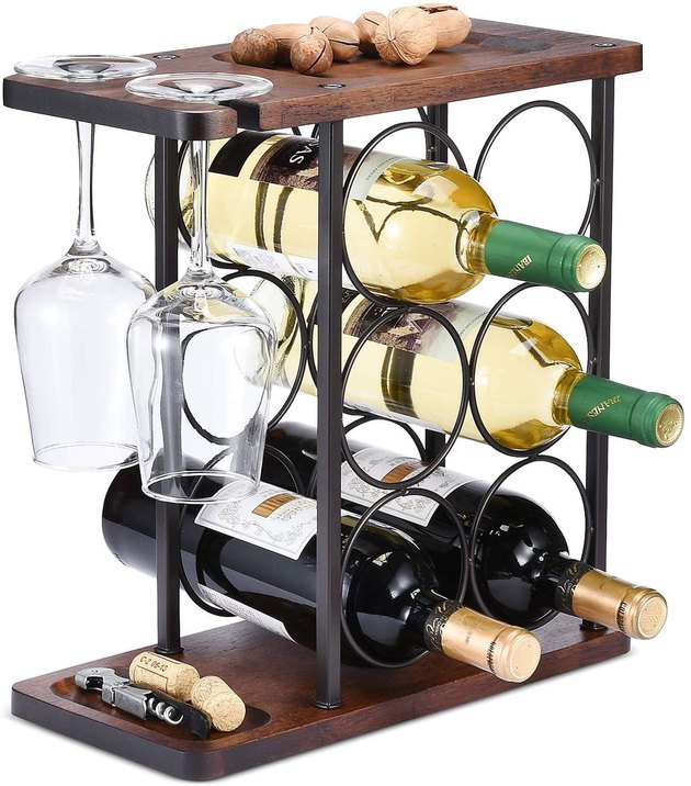 Get a two-for-one deal with this wine rack from Allcener. Not only does it hold up to six standard bottles of wine, but there’s also space for two wine glasses.