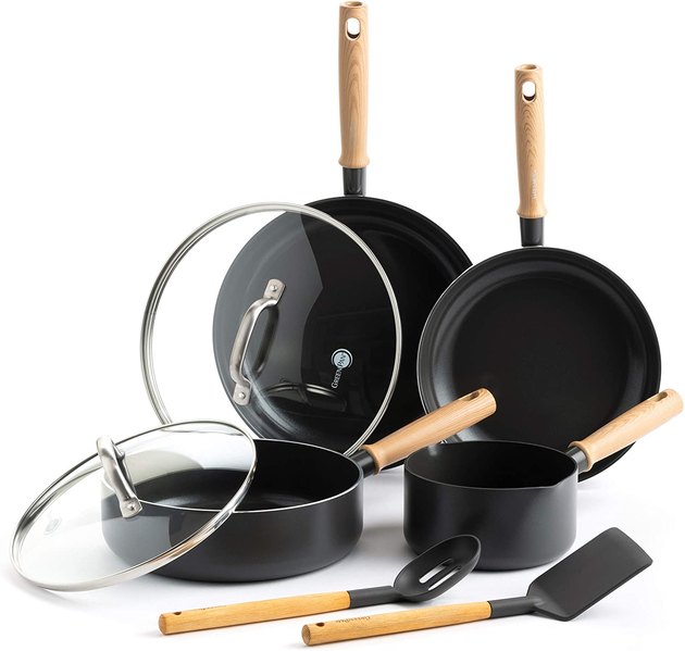 Go green in the kitchen with this eight-piece cookware set. Made with ceramic nonstick coating without harmful chemicals, you can feel good about cooking your favorite meals. The set is oven safe up to 320 degrees, dishwasher safe, and has handles with comfortable grips and stylish wood finishes.