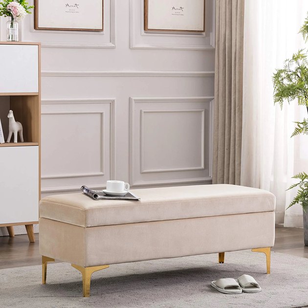 The straightforward rectangular shape of this storage bench plus its soft beige color make this a lovely neutral piece of furniture. It would pair well with many styles, from more traditional to contemporary.