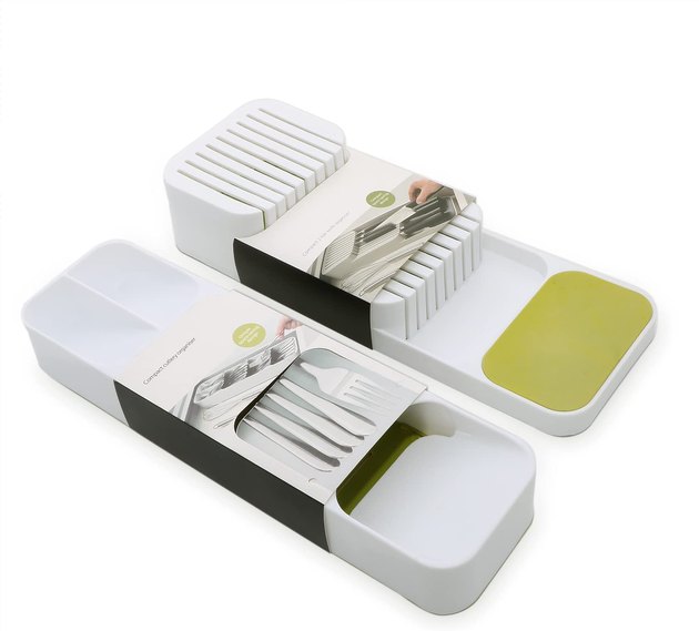 This may not be your traditional flatware organizer, but it certainly stands out as one of the best. With its innovative angular design, the first caddy can hold tons of silverware in barely any drawer space. Plus, there's a separate two-layer knife organizer that holds up to nine knives perfectly.