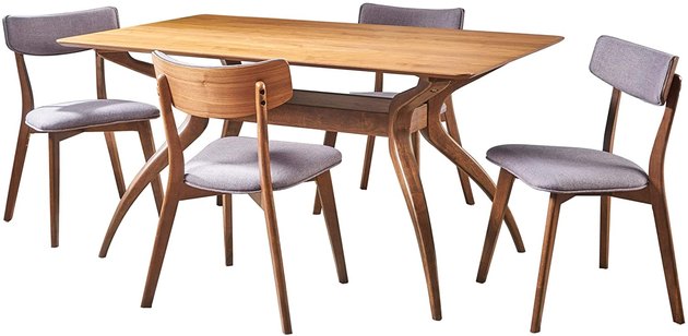 Add midcentury style to your space without paying vintage midcentury prices with this beautiful dining set, complete with four bentwood chairs and an airy wood table. 