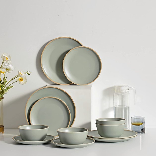 Opt for this classic option with a modern twist. The tan rim around the dinnerware gives this melamine a ceramic-like look. Plus, it rings up at a very happy price point. 