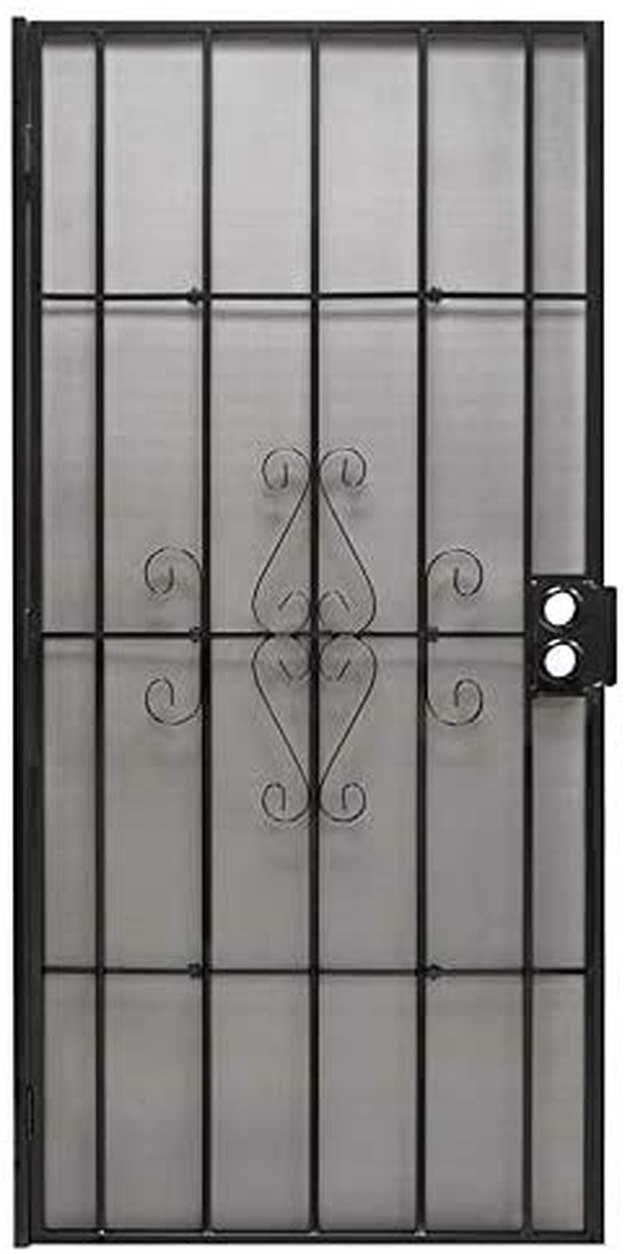 Regal series, 38-1/2 inch W x 81-1/2 inch h overall dimensions, black, steel security door, 3 piece surface mount with pre-hung 3/4 inch x 3/4 inch tubular steel door frame, security door welded to 1 inch hinge bar, 1 inch striker & header bar with 3 tamper proof hinges, double lock box with 2-1/8 inch bore & 2-3/8 inch backset, full length intruder resistant fly strap & expanded steel mesh, includes decorative design scrolls, mounting door hardware & 1 way screws, entry & deadbolt hardware sold separately, reversible for left or right hand operation, rust preventative maintenance required, door installation instructions included. Easy to use. This product is highly durable. This product is manufactured in china.