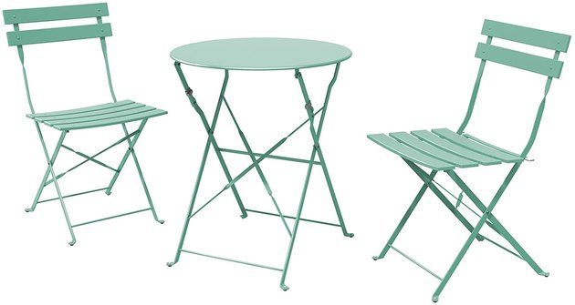 Add a pop of color to your patio with this small space-friendly bistro set. The table and chairs are all foldable, so they can be disassembled and put away when not in use.