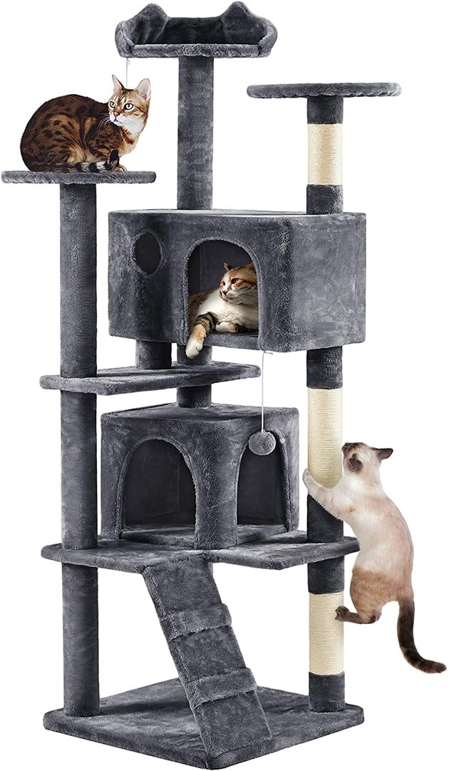 Consider this the entertainment center for cats. This multi-tier cat tree with several toys, condos, and scratching posts will keep your cats busy all day long.
