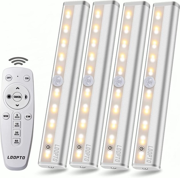 This pack of four LED lights includes two control methods — both remote control and touch control. You can also adjust the light colors, brightness, and set it on a timer. The lights are a cinch to install thanks to their adhesive 3M tape and a magnet. 