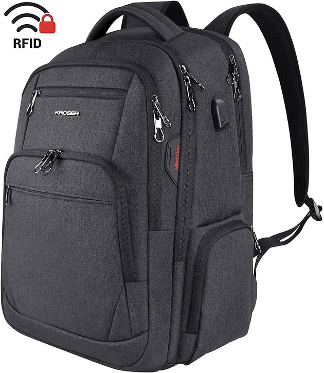 This stylish backpack features water-repellent poly fabric and RFID Pockets with an identity protection function — protecting the date encoded on most IDs, credit cards, and passports. It also has a luggage strap that can be affixed to the handle of your suitcase. 
