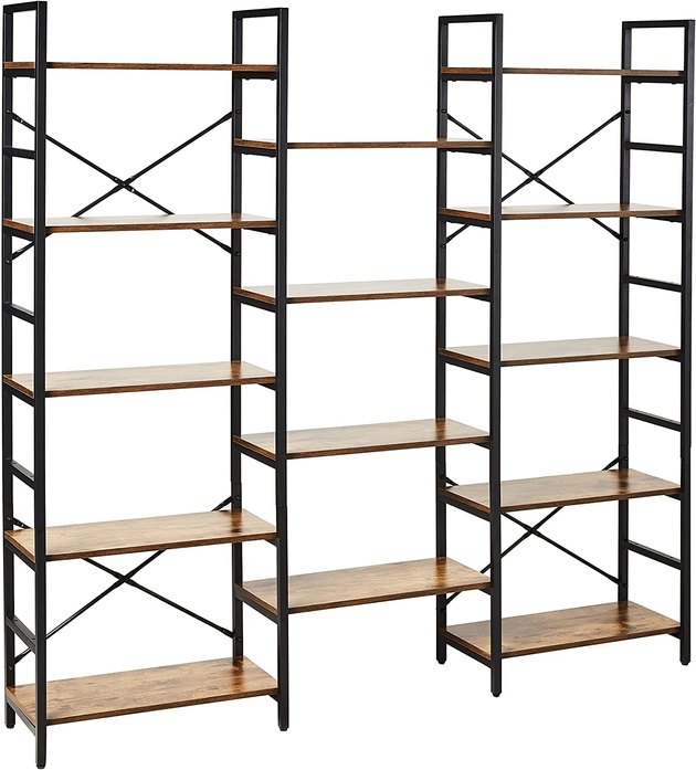 This massive bookcase has a total of 14 shelves for everything from books to picture frames. Made with a high-quality metal frame and MDF board, each shelf can hold up to 70 pounds.