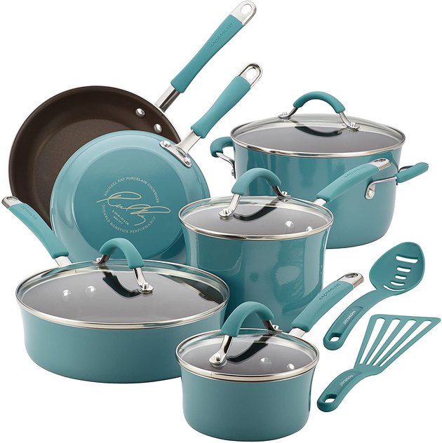 Ditch boring cookware and opt for bright and bold colors with this set from Rachael Ray. When you buy this set, you get saucepans, stockpots, frying pans, and saute pans, all complete with shatter-resistant glass lids. It also includes matching slotted turners and spoons. And to top it off, the set is oven safe up to 400 degrees.