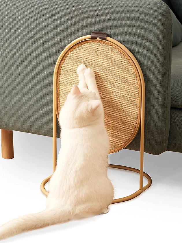 This chic cat scratcher has a three-in-one design that can be used as a scratch post to protect furniture, a play set, or an end table and piece of cat furniture.