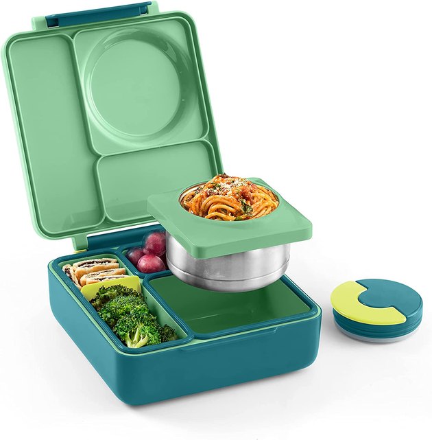Kids will adore this colorful bento box. Not only does it come in vibrant colors, but it also has three compartments and enough space for all their favorite snacks and meals. Plus, it includes a thermos insert to keep food hot or cold all day long.