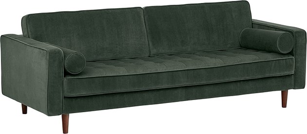 With a low, boxy silhouette, this elegant sofa with tufted seat cushions hits the midcentury mark. Compared to other velvet furniture, this one has a more earthy rather than emerald green.