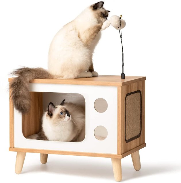 If you want a fun and elevated look, try this durable, wooden cat house and scratcher. Not only is it shaped like a vintage TV, but it also comes with a comfy mat and scratching pad.