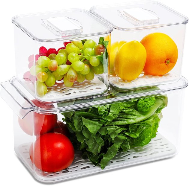 Organizing your produce has never been easier than with these stackable storage containers. They come with vents and drain trays to keep your fruits and vegetables nice, fresh, and totally organized.